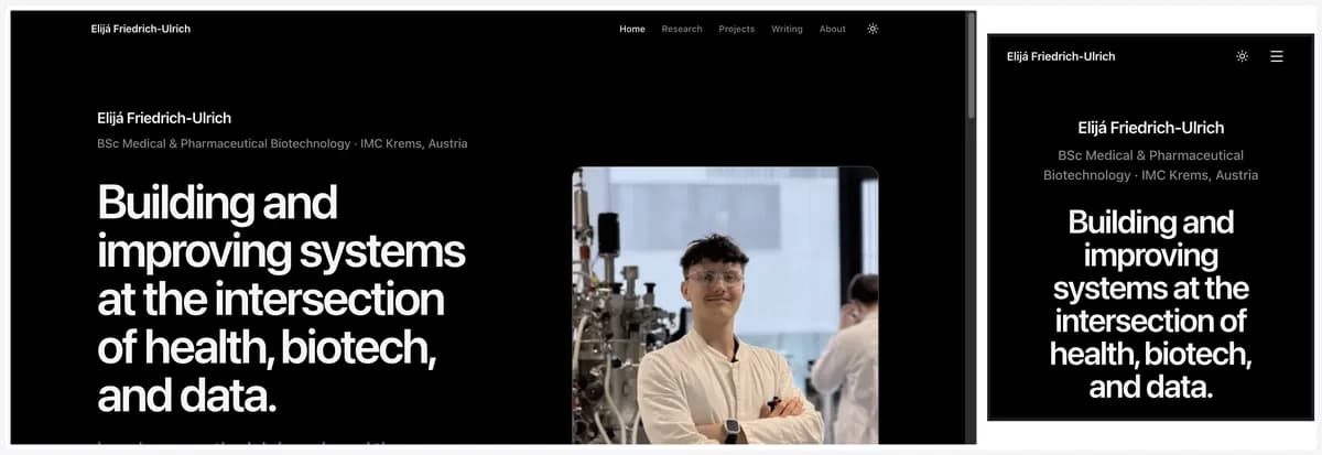 Desktop and mobile views of friedrich-ulrich.com — this portfolio site.